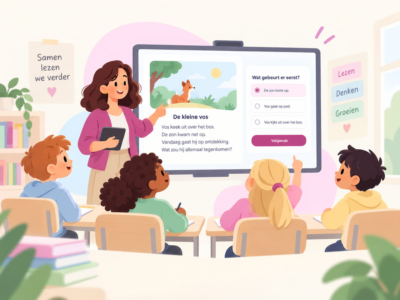 Gezellige leesles in de klas, met de leerkracht bij het digibord
